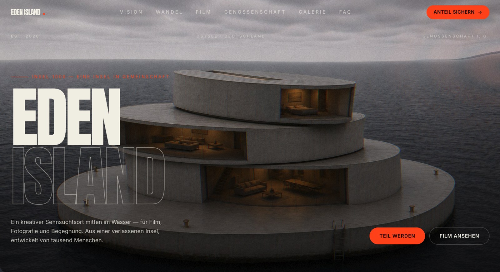 Eden Island e.G. — Screenshot der Live-Website Eden Island e.G. — Screenshot der Live-Website